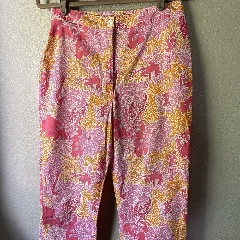 Lilly Pulitzer Womens 4 Pink Cropped Pant Monkey Elephant Vacation Preppy Beach - Picture 4 of 11